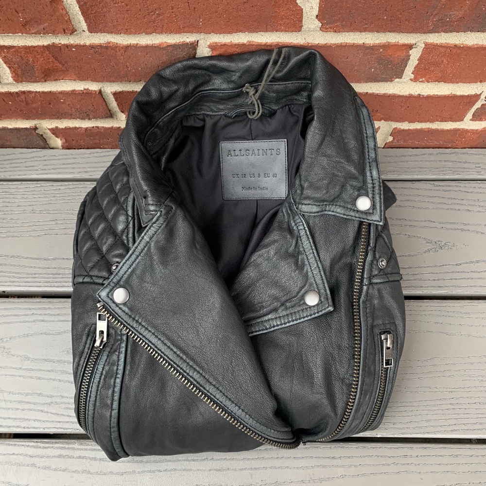 All Saints Cargo Distressed Leather Biker Jacket